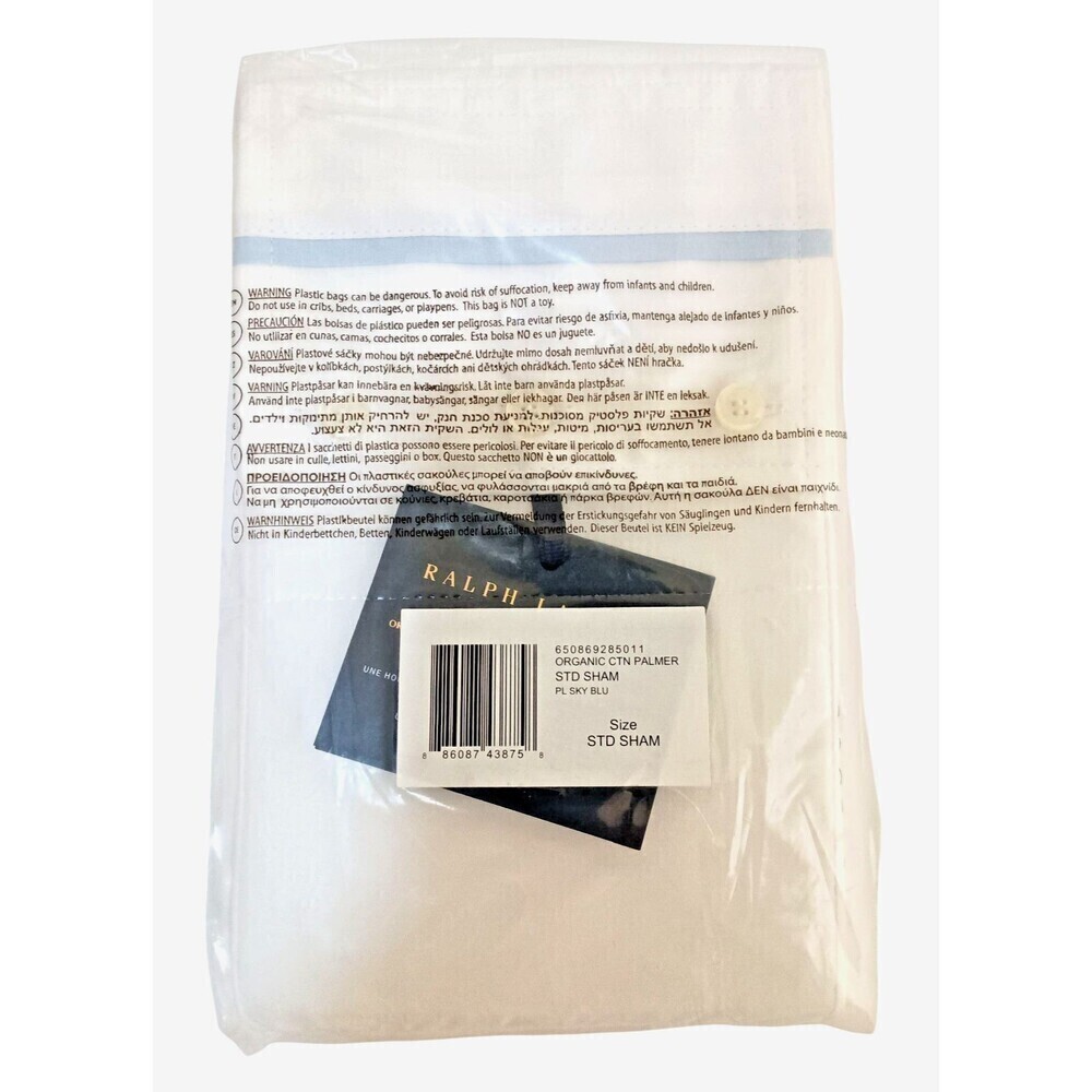 Ralph Lauren Palmer Percale Organic Standard Pillowcase Pkg of 1 White Blue NWT